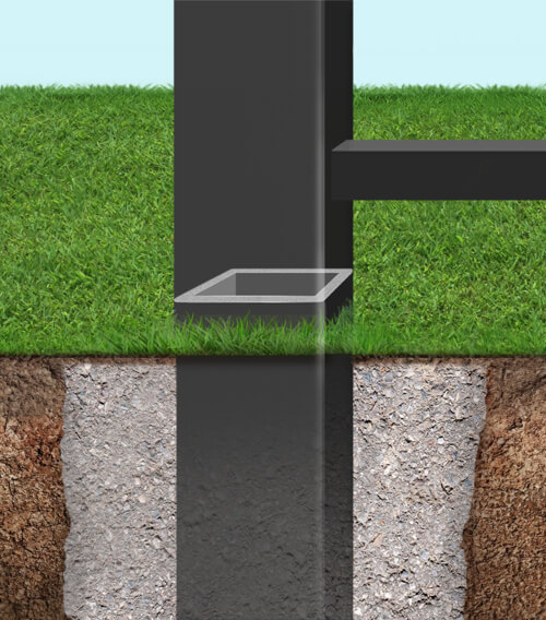 Aluminum fence post in at ground level with concrete