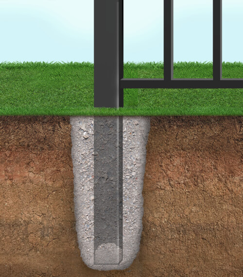 Aluminum fence post in ground with concrete