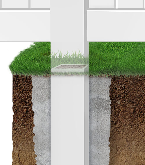 Vinyl fence post in at ground level with concrete