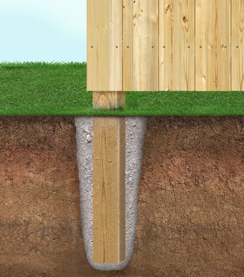 Wood fence post in ground with concrete